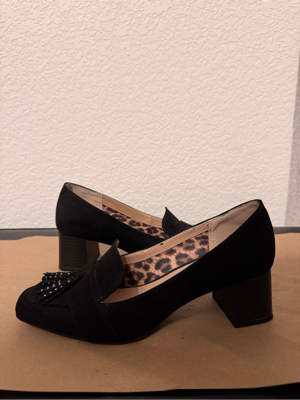 Kelly & Katie Black Suede Tassel Loafers with Leopard Lining